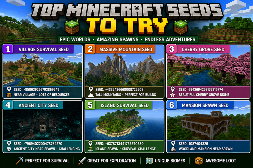 Best Minecraft Seeds 2026 Best Minecraft Seeds featuring a village and cherry grove biome