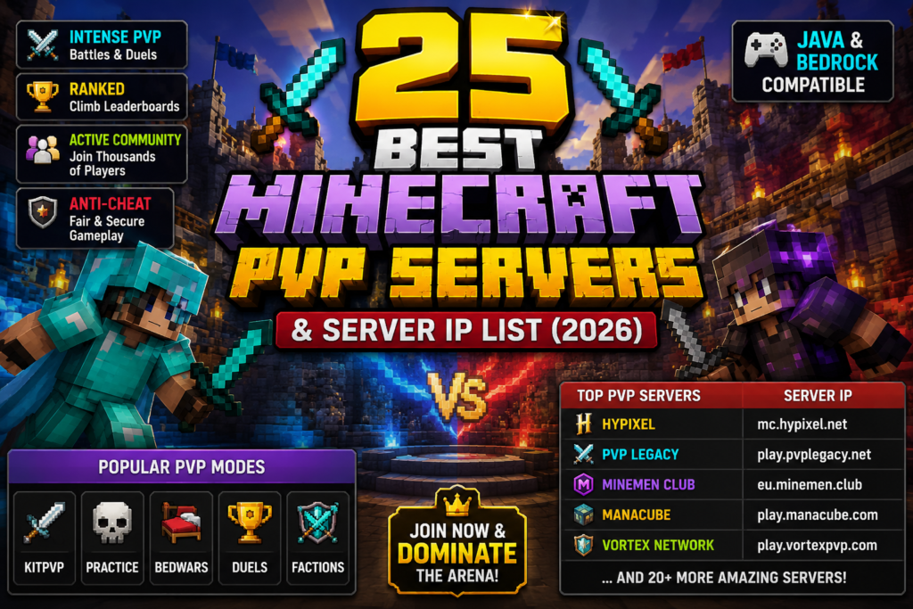 Best Minecraft PvP Servers for Competitive Multiplayer Best Minecraft PvP Servers with server IPs for Java and Bedrock Edition in 2026
