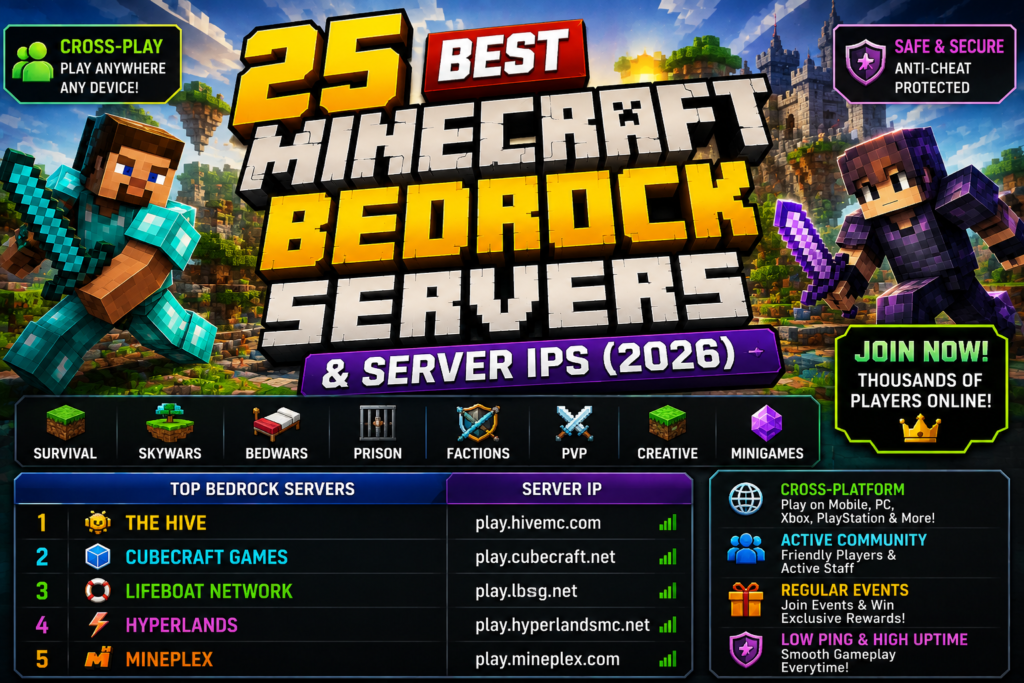 25 Best Minecraft Bedrock Servers with updated server IPs for cross-platform multiplayer gameplay in 2026